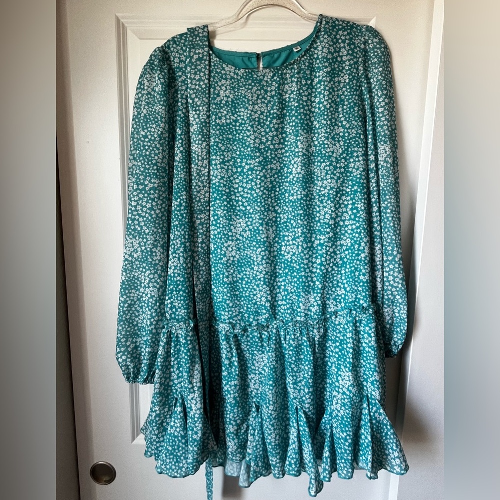 Teal Floral Long Sleeve Tiered Dress